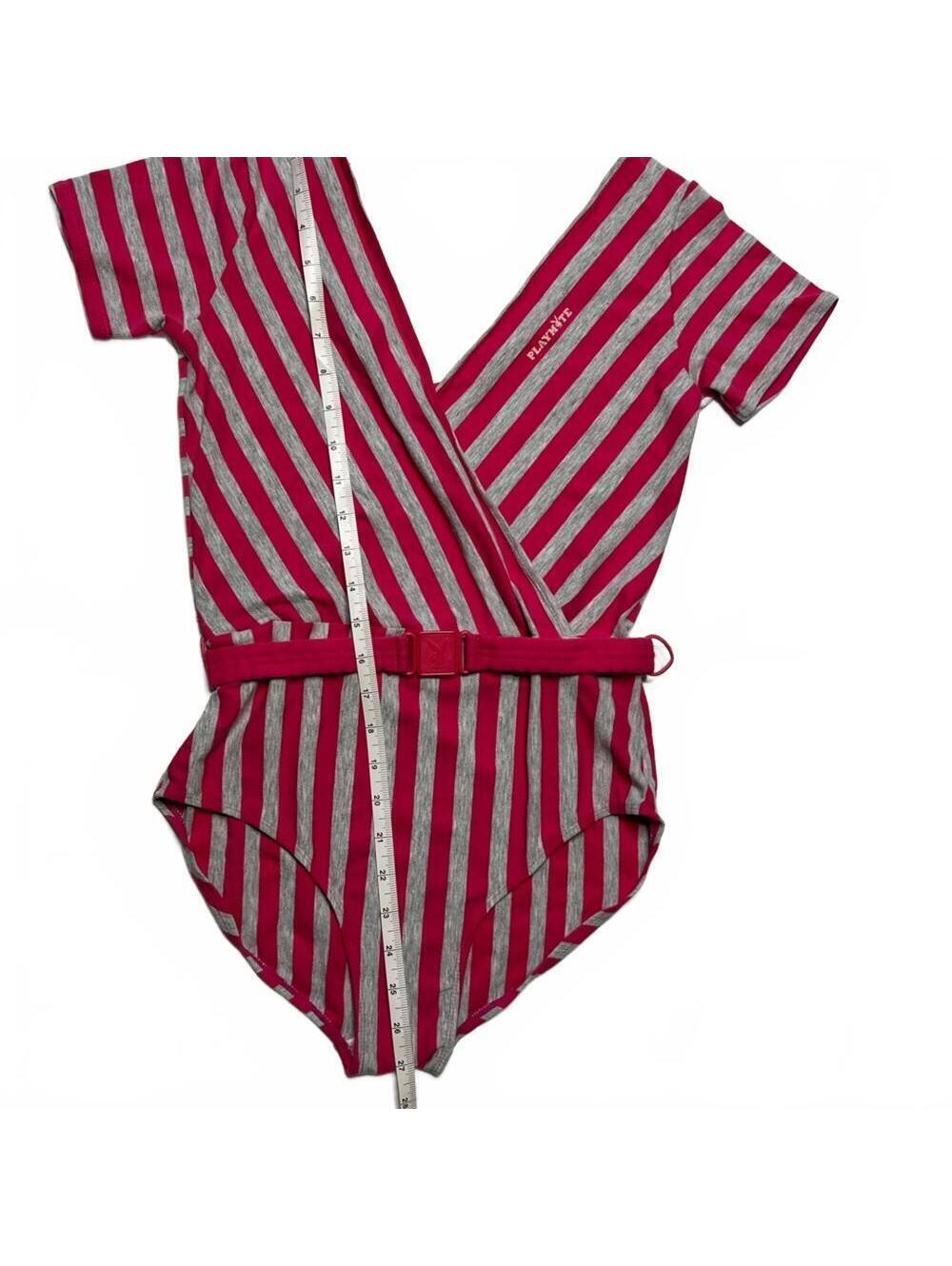 Vtg 80s Playboy Playmate Striped Bodysuit Large Belted Plunge V Neck Leotard - Picture 5 of 8